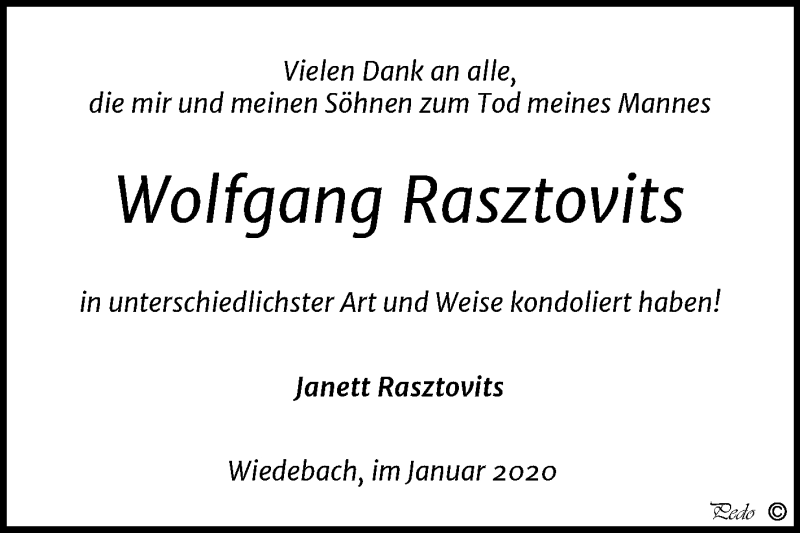  Traueranzeige für Wolfgang Rasztovits vom 29.01.2020 aus Wochenspiegel Weißenfels
