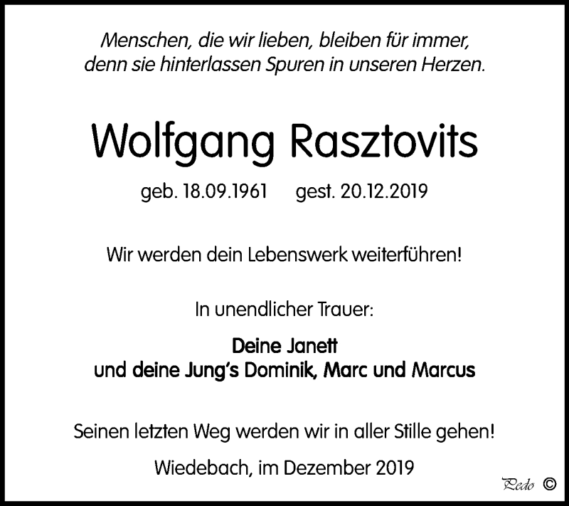  Traueranzeige für Wolfgang Rasztovits vom 04.01.2020 aus Mitteldeutsche Zeitung Weißenfels