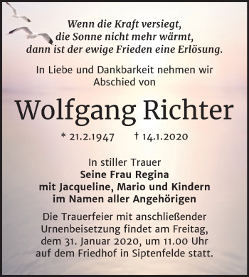 Traueranzeige von Wolfgang Richter von Super Sonntag Quedlinburg