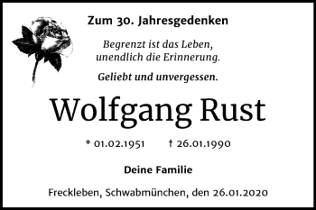 Traueranzeige von Wolfgang Rust von Super Sonntag Aschersleben