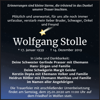 Traueranzeige von Wolfgang Stolle von Wochenspiegel Bitterfeld