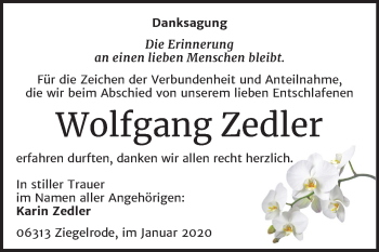 Traueranzeige von Wolfgang Zedler von Mitteldeutsche Zeitung Mansfelder Land