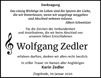 Traueranzeige von Wolfgang Zedler von Mitteldeutsche Zeitung Mansfelder Land