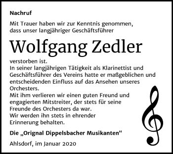Traueranzeige von Wolfgang Zedler von Super Sonntag Mansfelder Land