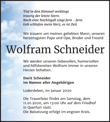 Traueranzeige von Wolfram Schneider von Mitteldeutsche Zeitung Merseburg/Querfurt