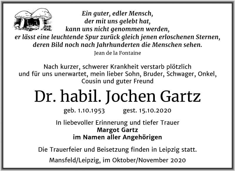  Traueranzeige für Jochen Gartz vom 30.10.2020 aus Mitteldeutsche Zeitung Mansfelder Land