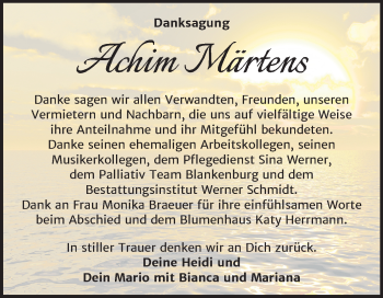 Traueranzeige von Achim Märtens von Mitteldeutsche Zeitung Quedlinburg