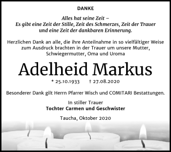 Traueranzeige von Adelheid Markus von Mitteldeutsche Zeitung Weißenfels