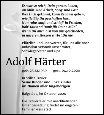 Traueranzeige von Adolf Härter von Mitteldeutsche Zeitung Naumburg/Nebra