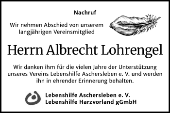 Traueranzeige von Albrecht Lohrengel von Super Sonntag Aschersleben / Quedlinburg