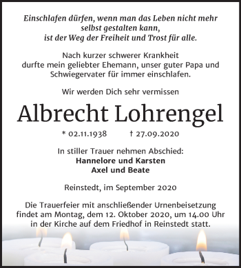 Traueranzeige von Albrecht Lohrengel von Super Sonntag Aschersleben / Quedlinburg