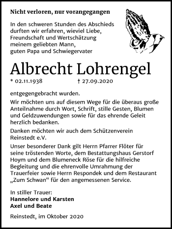 Traueranzeige von Albrecht Lohrengel von Super Sonntag Aschersleben / Quedlinburg