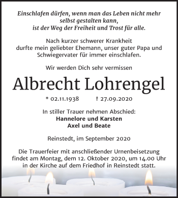 Traueranzeige von Albrecht Lohrengel von Mitteldeutsche Zeitung Aschersleben / Quedlinburg