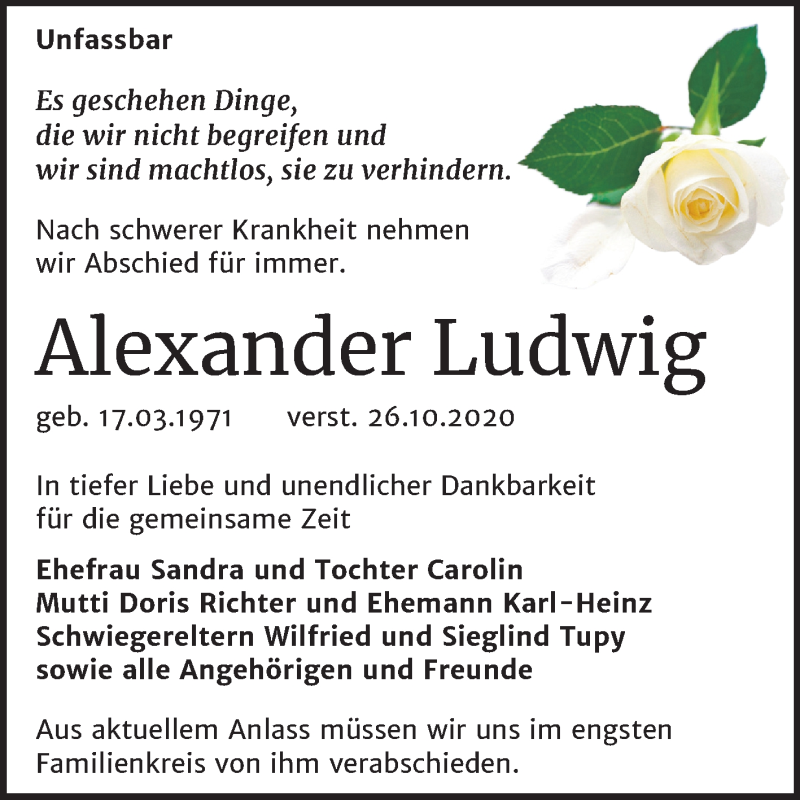  Traueranzeige für Alexander Ludwig vom 30.10.2020 aus Mitteldeutsche Zeitung Halle/Saalkreis