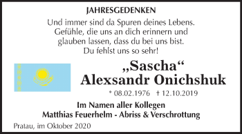 Traueranzeige von Alexsandr Onichshuk von Super Sonntag Wittenberg