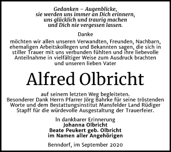 Traueranzeige von Alfred Olbricht von Mitteldeutsche Zeitung Mansfelder Land / Sangerhausen