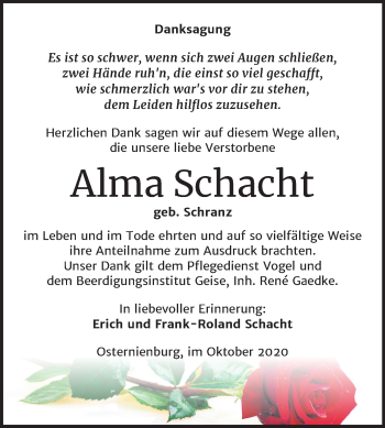 Traueranzeige von Alma Schacht von Mitteldeutsche Zeitung Köthen