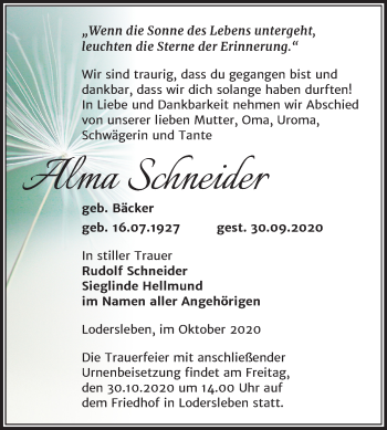 Traueranzeige von Alma Schneider von Mitteldeutsche Zeitung Merseburg/Querfurt