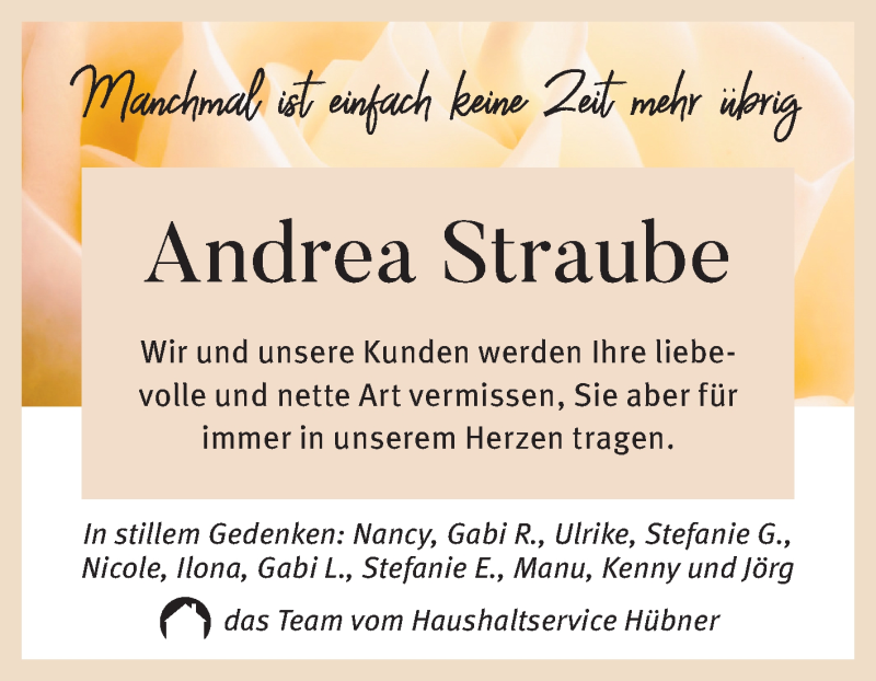 Traueranzeige für Andrea Straube vom 28.10.2020 aus Wochenspiegel Weißenfels