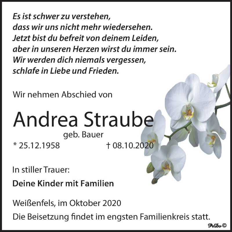  Traueranzeige für Andrea Straube vom 17.10.2020 aus Mitteldeutsche Zeitung Weißenfels