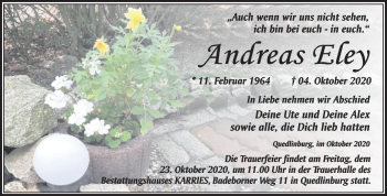 Traueranzeige von Andreas Eley von Mitteldeutsche Zeitung Quedlinburg