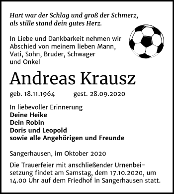 Traueranzeige von Andreas Krausz von Super Sonntag Sangerhausen