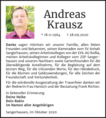 Traueranzeige von Andreas Krausz von Mitteldeutsche Zeitung Sangerhausen