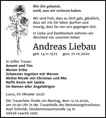 Traueranzeige von Andreas Liebau von Mitteldeutsche Zeitung Naumburg/Nebra