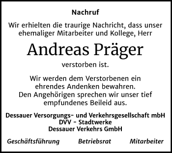Traueranzeige von Andreas Präger von Mitteldeutsche Zeitung Dessau-Roßlau
