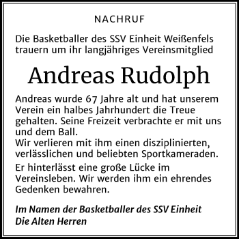 Traueranzeige von Andreas Rudolph von Mitteldeutsche Zeitung Weißenfels