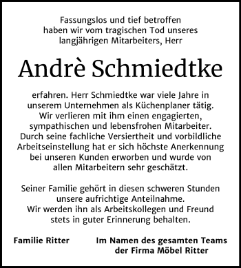 Traueranzeige von Andrè Schmiedtke von Super Sonntag Quedlinburg