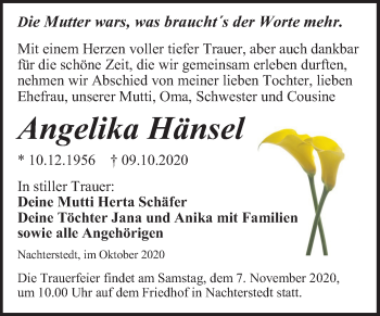 Traueranzeige von Angelika Hänsel von Super Sonntag Aschersleben