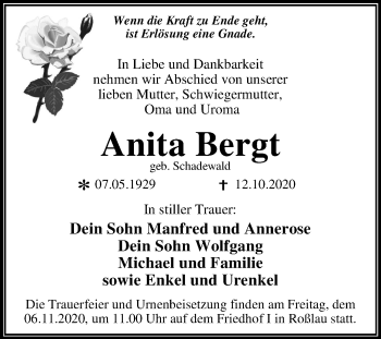 Traueranzeige von Anita Bergt von Mitteldeutsche Zeitung Dessau-Roßlau