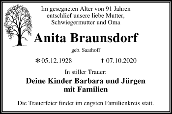 Traueranzeige von Anita Braunsdorf von Super Sonntag Dessau-Roßlau