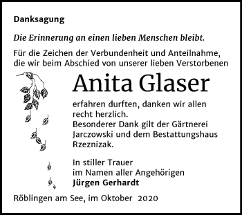 Traueranzeige von Anita Glaser von Mitteldeutsche Zeitung Mansfelder Land
