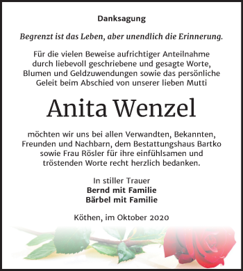 Traueranzeige von Anita Wenzel von Super Sonntag Köthen