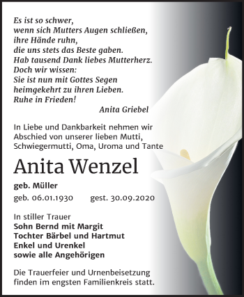Traueranzeige von Anita Wenzel von Mitteldeutsche Zeitung Köthen