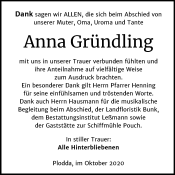 Traueranzeige von Anna Gründling von Wochenspiegel Bitterfeld
