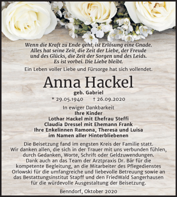 Traueranzeige von Anna Hackel von Mitteldeutsche Zeitung Mansfelder Land