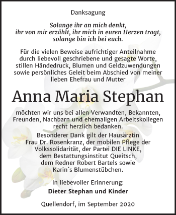 Traueranzeige von Anna Maria Stephan von Mitteldeutsche Zeitung Köthen