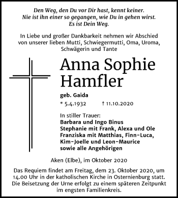 Traueranzeige von Anna Sophie Hamfler von Super Sonntag Köthen