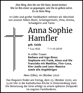 Traueranzeige von Anna Sophie Hamfler von Mitteldeutsche Zeitung Köthen