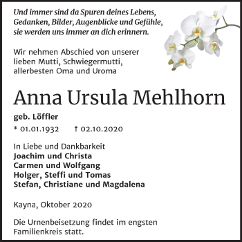 Traueranzeige von Anna Ursula Mehlhorn von Super Sonntag Zeitz