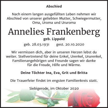 Traueranzeige von Annelies Frankenberg von Super Sonntag Mansfelder Land
