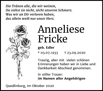 Traueranzeige von Anneliese Fricke von Super Sonntag Quedlinburg