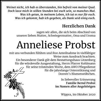 Traueranzeige von Anneliese Probst von Mitteldeutsche Zeitung Mansfelder Land
