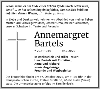 Traueranzeige von Annemargret Bartels von Mitteldeutsche Zeitung Halle/Saalkreis