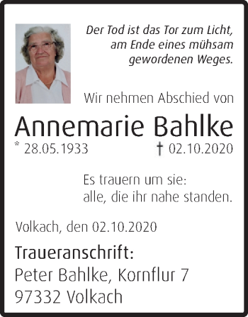 Traueranzeige von Annemarie Bahlke von Mitteldeutsche Zeitung Dessau-Roßlau