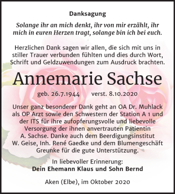 Traueranzeige von Annemarie Sachse von Mitteldeutsche Zeitung Köthen