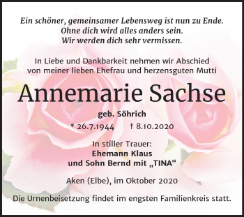 Traueranzeige von Annemarie Sachse von Mitteldeutsche Zeitung Köthen